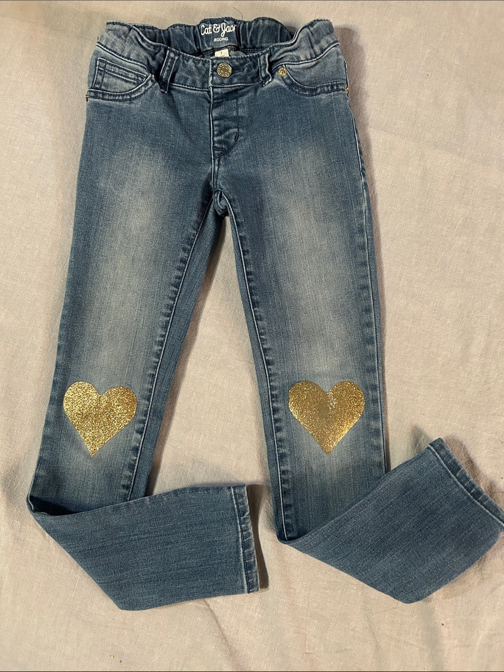 Cat & Jack Glitter Heart Knees Detail Skinny Jeggings in Stretch Denim